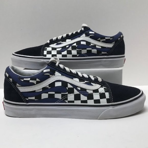 Vans Old Skool Checker Flame in Navy Blue Checker/True White Canvas Skate Shoes - Picture 10 of 16